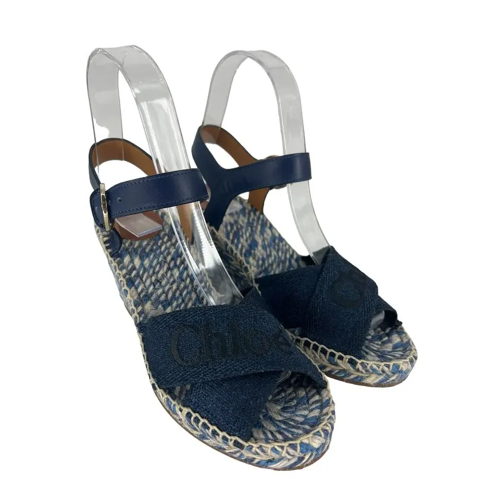 Chloe Piia Denim Logo Espadrille Wedge Sandals with Leather Straps‎ Size 36